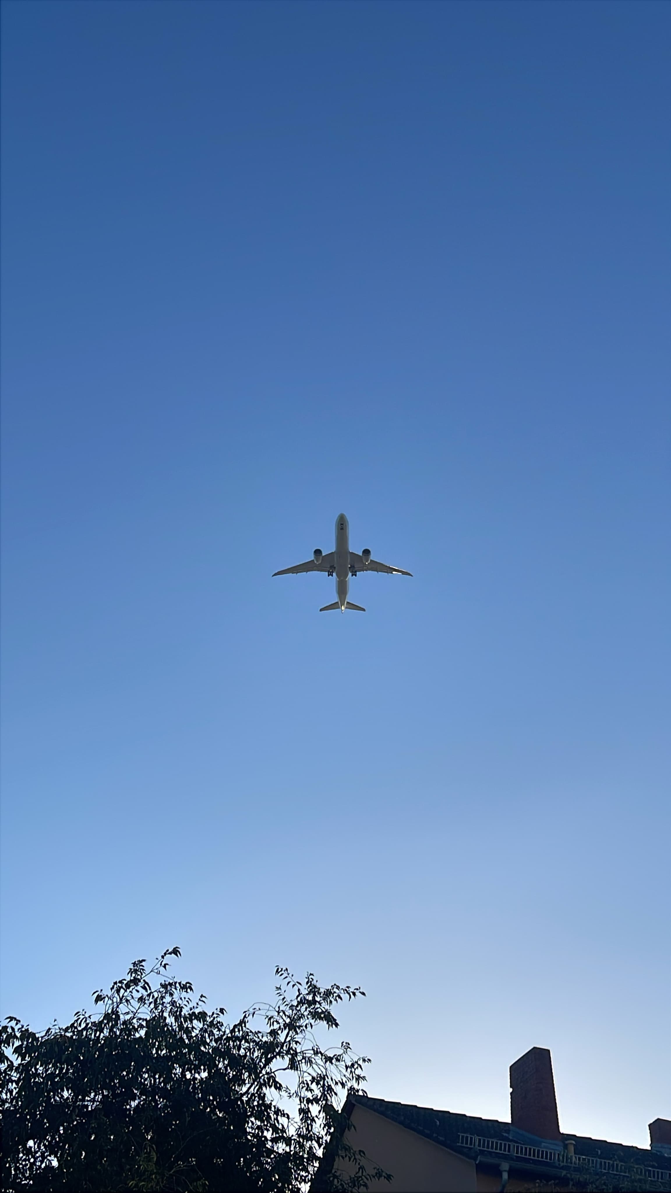 Boeing 787-9 Dreamliner seen from below against a clear blue sky.