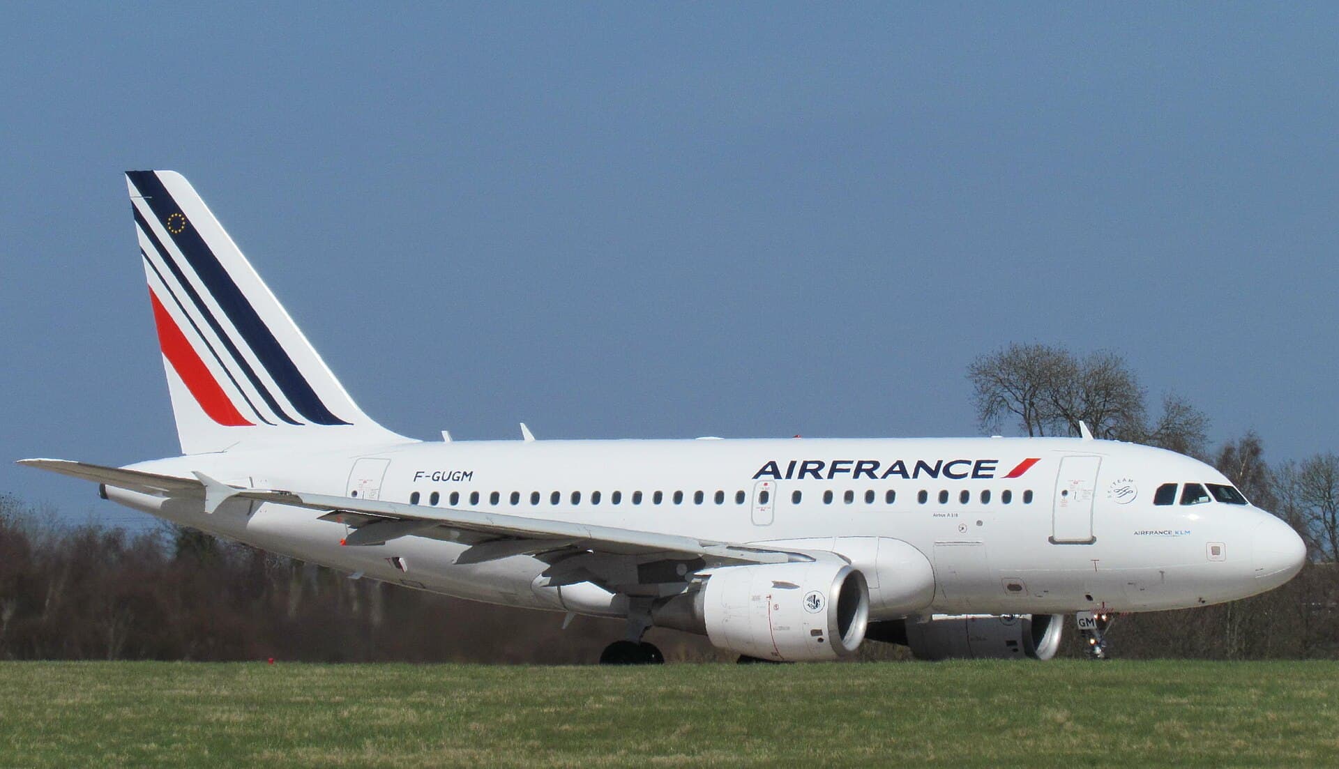 Air France Airbus A318-111 F-GUGM taxiing beside a grass runway