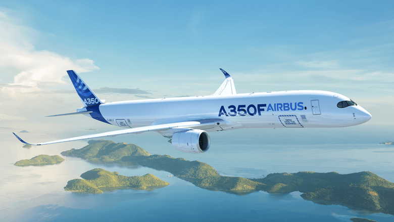Airbus A350F freighter flying over islands