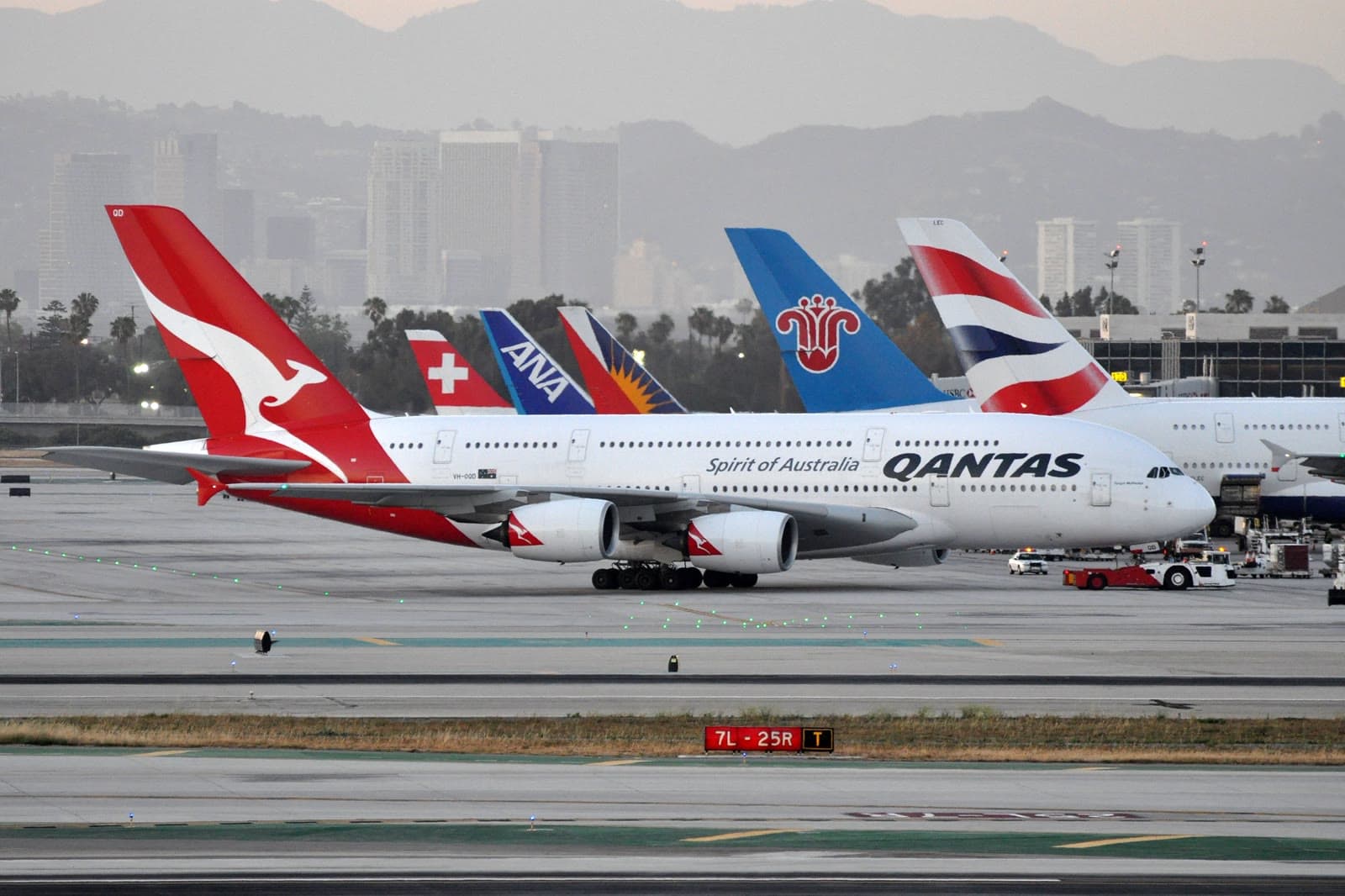 Qantas Airbus A380 on the apron at Los Angeles International Airport