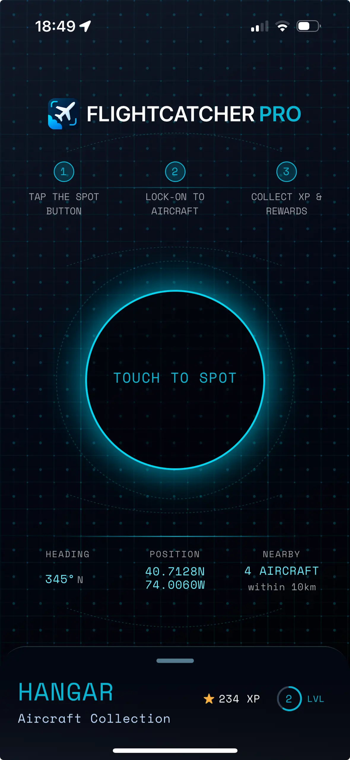 FlightCatcherPro app main interface showing aircraft spotting screen with lock-on button