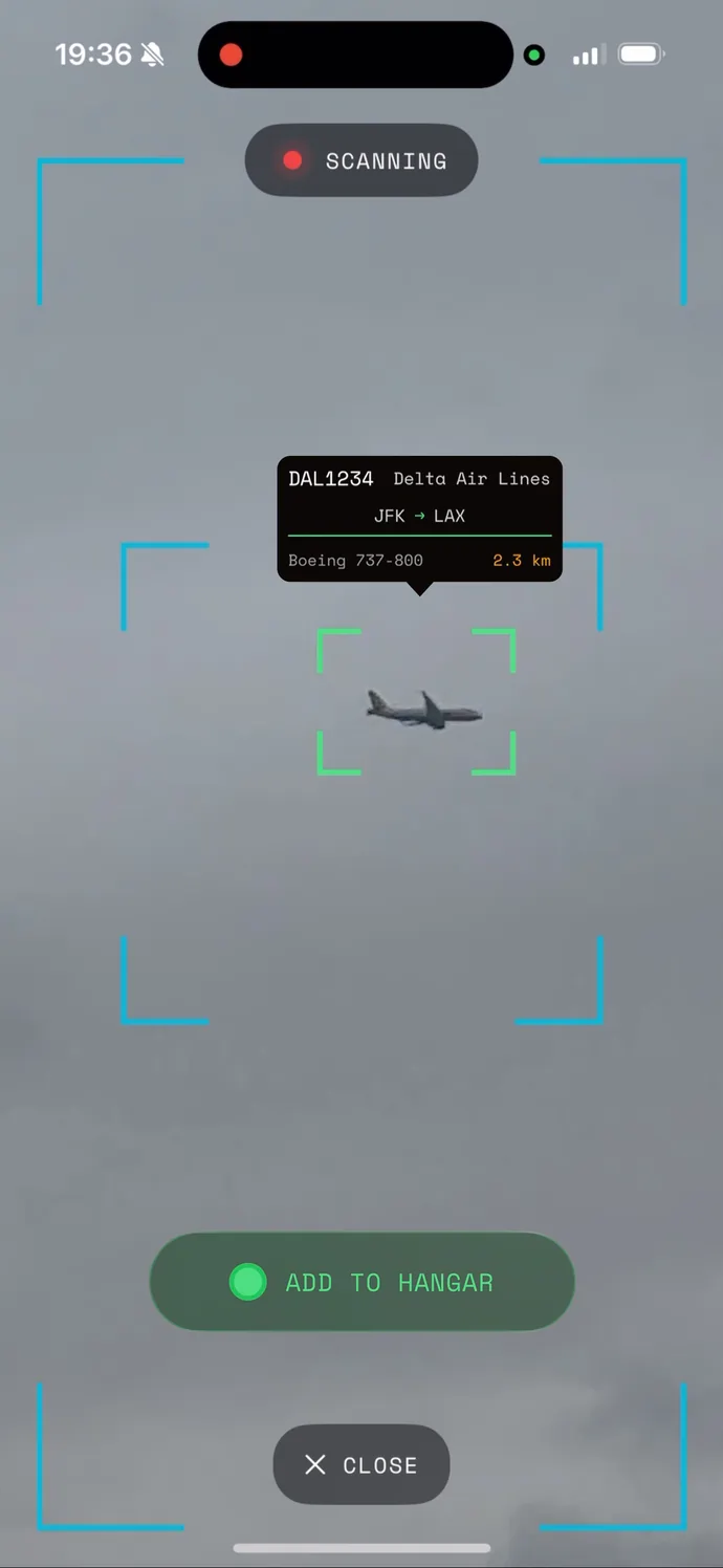 FlightCatcherPro aircraft identification screen showing Delta Airlines flight DAL1234 with add to hangar button